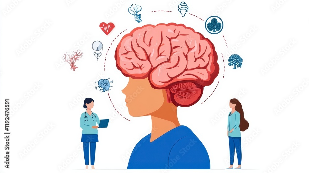 Illustration of Brain Concept with Health and Wellness Symbols Illustration of Brain Concept with Health and Wellness Symbols