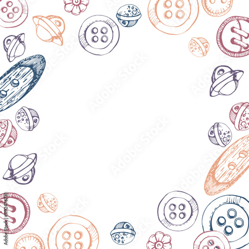 Wooden plastic buttons for clothes, sewing craft supplies for decoration. Hand drawn ink vector illustration. Frame isolated on white background. Design atelier, tailor, hobby shop, fashion boutique