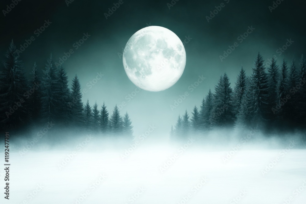 Fototapeta premium Mysterious night scene with full moon over foggy forest tranquil landscape atmospheric viewpoint enigmatic nature