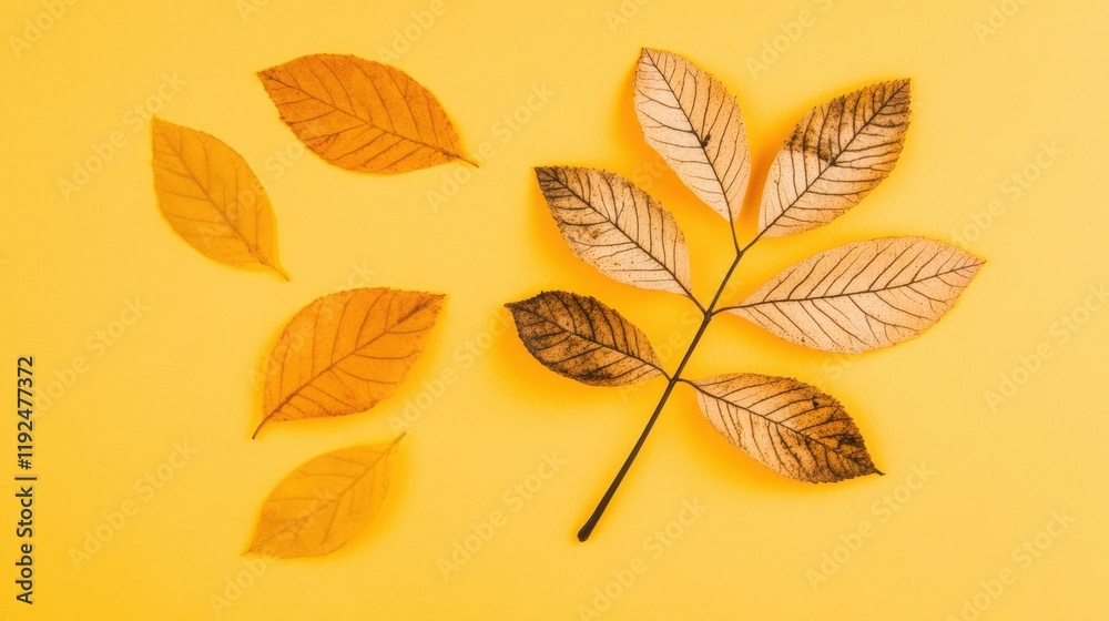 Obraz premium Autumn leaves on yellow background: seasonal nature art