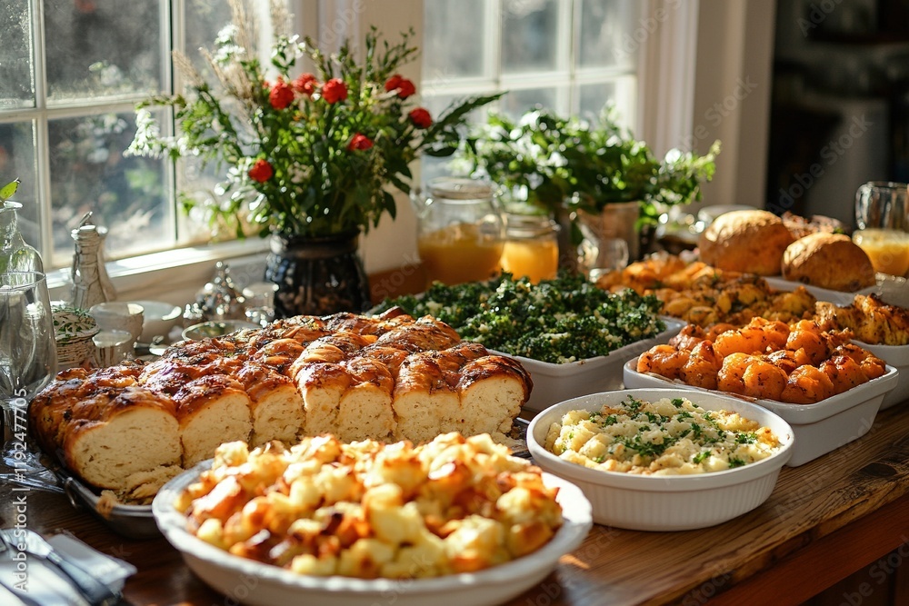 Home cooked meal buffet by sunny window Home cooked meal buffet by sunny window
