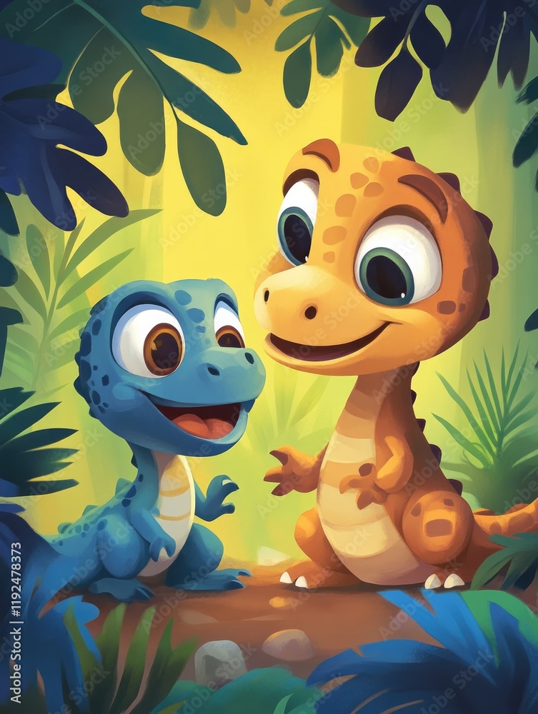 Naklejka premium Cute dinosaurs sitting in a vibrant jungle setting with green foliage, cartoon style, suitable for childrens products