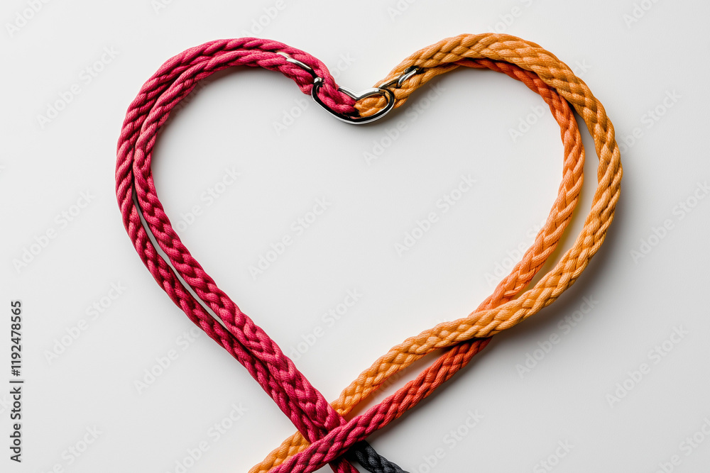 Fototapeta premium A heart shape formed by intertwined dog leashes, postcard design with empty space for greeting. Valentine concept, veterinary