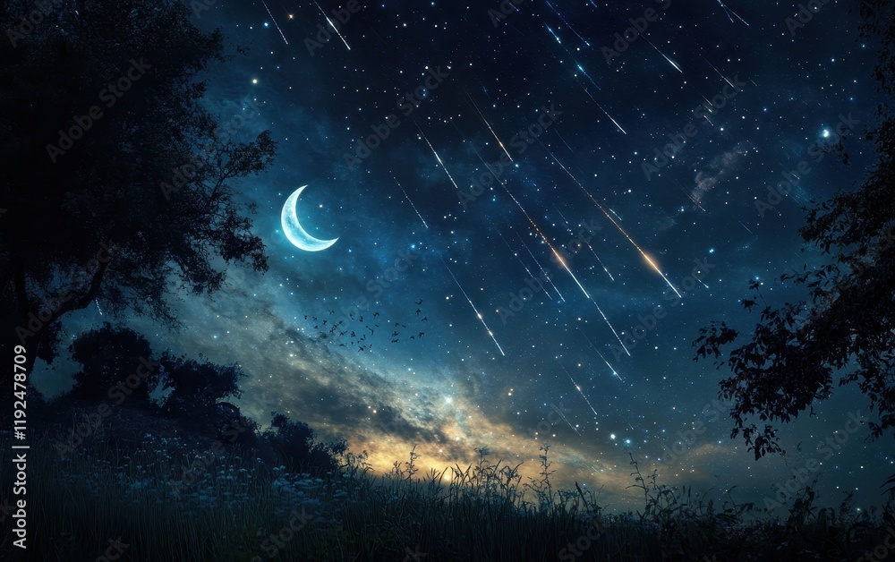 Fototapeta premium Enchanting Night Sky with Crescent Moon, Shooting Stars, and Silhouetted Trees.