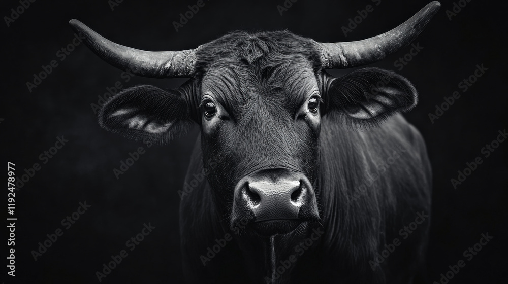 Naklejka premium close up portrait of black cow with prominent horns, showcasing its expressive eyes and detailed fur against dark background. image captures animal strength and presence