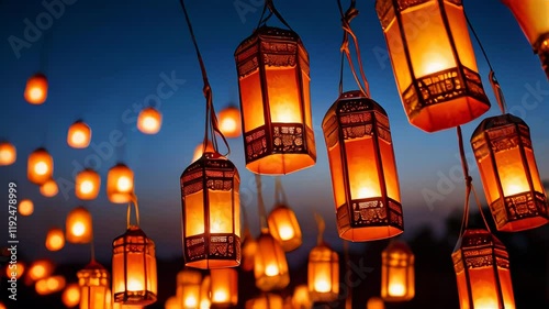 Animated floating lanterns illuminating the sky during a Diwali celebration, full of light and hope