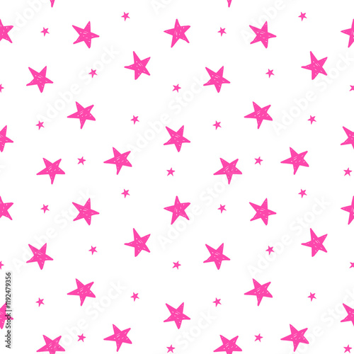 Seamless pattern featuring bright pink stars on a white background, creating a vibrant and playful design perfect for wallpapers, decorations, and trendy projects