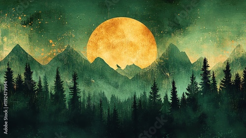 Golden Moonlit Mountains: A Serene Emerald Forest Landscape