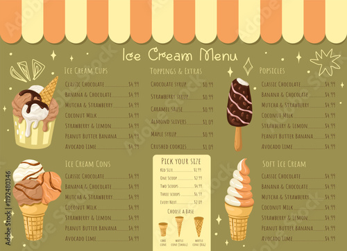 Editable Ice Cream Menu template with pricing section. Vector illustration.