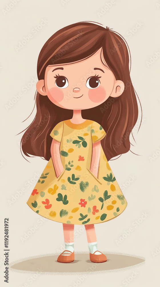The image is a colorful illustration of a young girl with long brown hair wearing a yellow dress with a floral pattern The image is a colorful illustration of a young girl with long brown hair wearing a yellow dress with a floral pattern