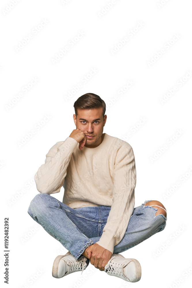 Young Caucasian man sitting on the floor in a studio setting Young Caucasian man sitting on the floor in a studio setting