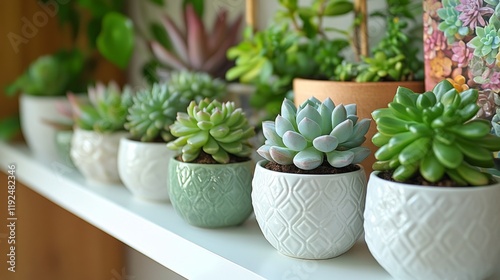 Wallpaper Mural Three vibrant succulent plants in modern geometric pots arranged on a simple shelf Torontodigital.ca