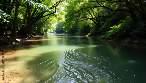 Sungai yang mengalir lembut dengan air jernih mengalir melalui kawasan terpencil yang dikelilingi tanaman hijau photo
