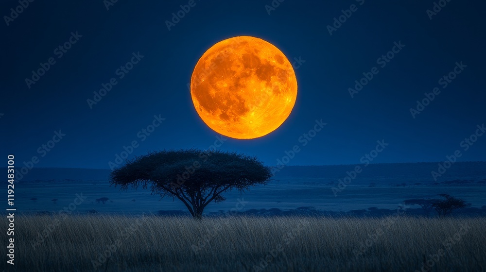 Full moon illuminates savannah landscape under a clear night sky Full moon illuminates savannah landscape under a clear night sky
