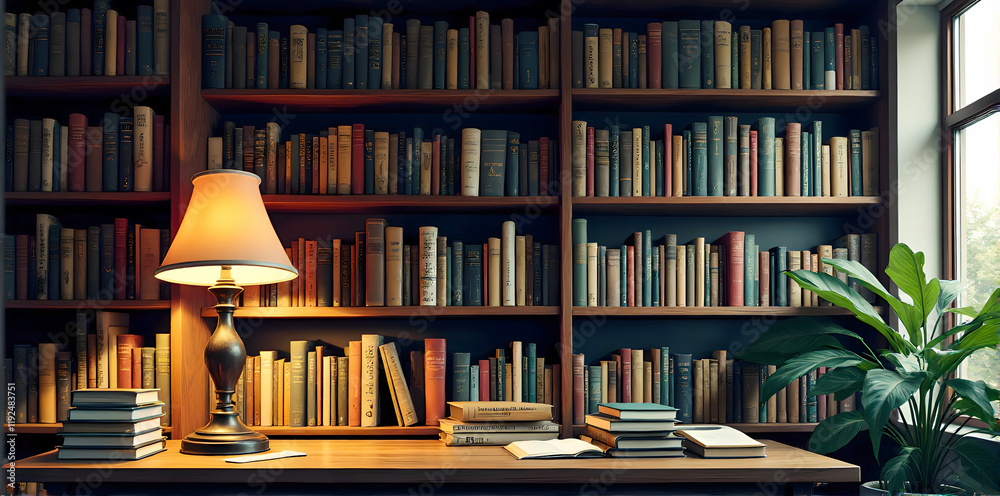 Shelves filled with lots of books and a lamp on the side table Shelves filled with lots of books and a lamp on the side table