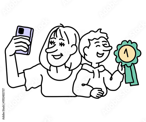Woman and her son taking selfies with an award
