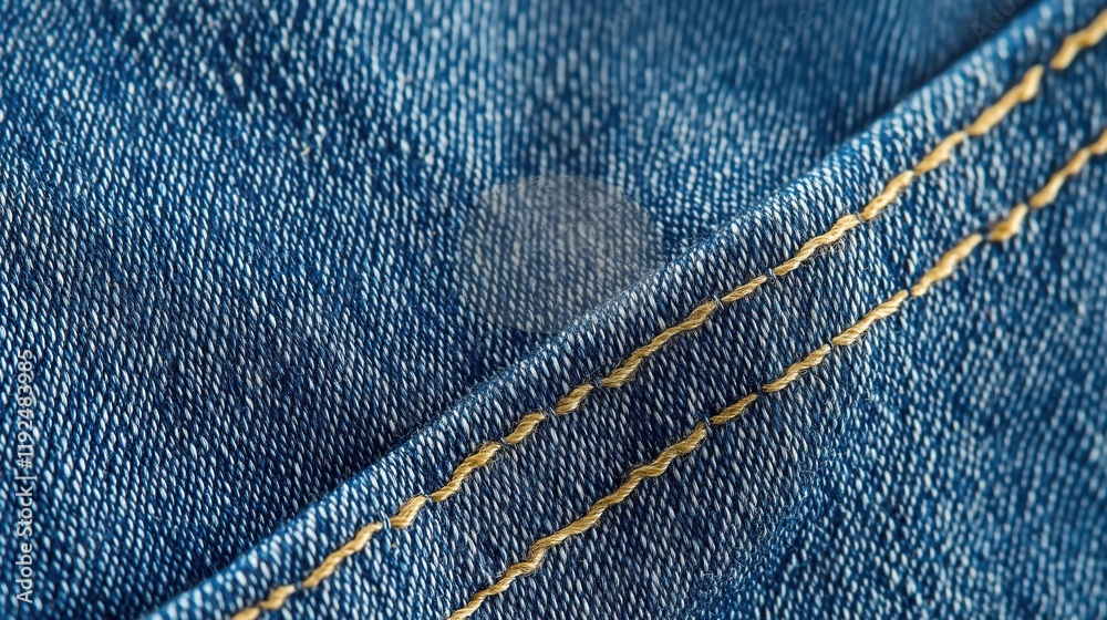 Close-up of blue denim texture with light yellow stitching Close-up of blue denim texture with light yellow stitching