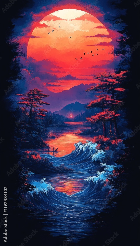 Obraz premium Kayaker paddling tranquil river at sunset, birds flying, mountain backdrop