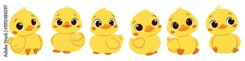 A set of flat vector illustrations in cute childish style. Cute ducklings in different poses with big cute eyes. Vector illustration