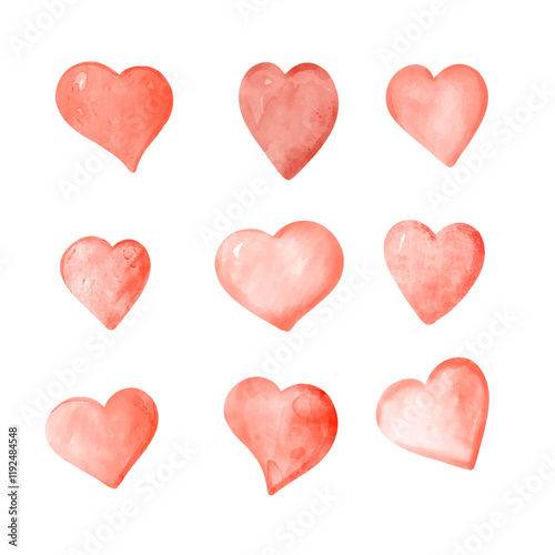 Red watercolor hears set. Weddings, Valentines Day decoration design element.