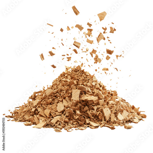 Pile of Wood Chippings Falling in Air on White Background with Transparency Effect