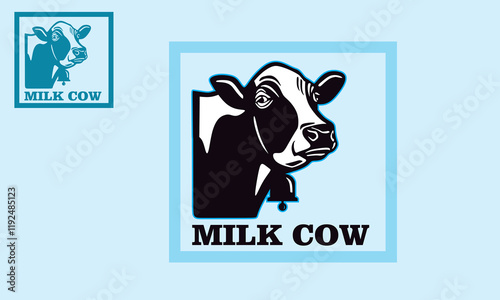 great cow milk smile logo, silhouette of happy cattle in rectangle vector illustrations