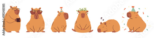 A set of flat vector illustrations in a simple children's style. Cute capybaras in different poses, meditates, wearing sunglasses, office worker and others . Vector illustration