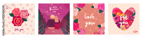 Set of postcards for Valentine's Day. Couple in love, heart, flowers. Square, watercolor texture.