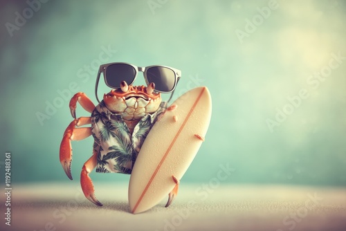 Cool crab in sunglasses and Hawaiian shirt holding surfboard. Summer vacation, funny animal, tropical beach scene. photo