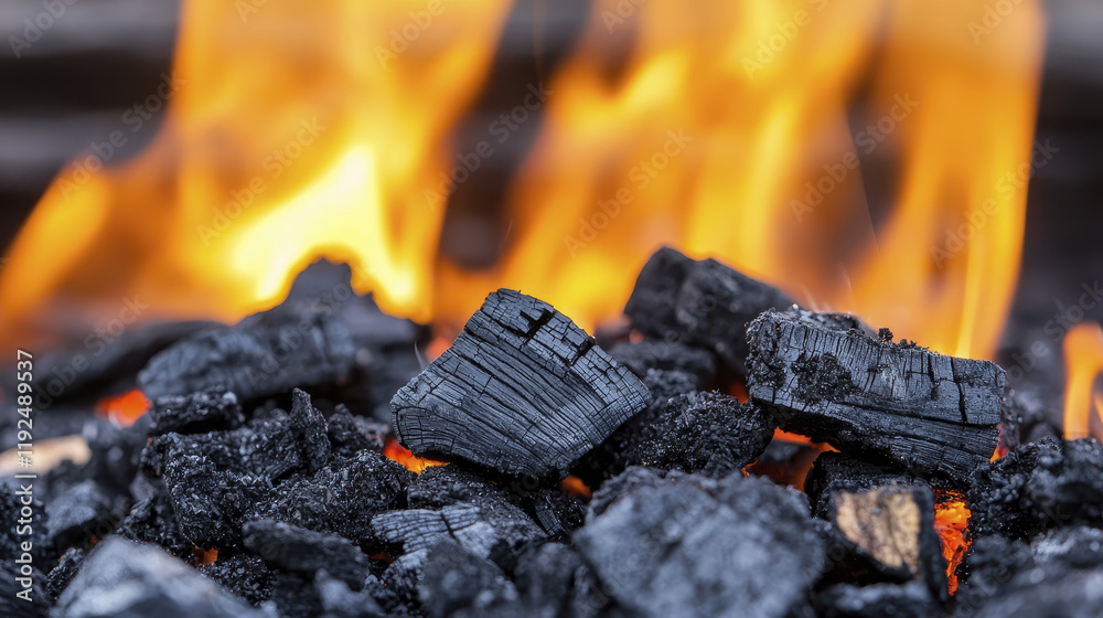 Burning charcoal with flames, creating heat and energy for cooking Burning charcoal with flames, creating heat and energy for cooking