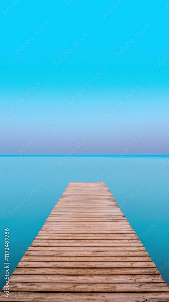 A serene wooden pier extends into a calm, vibrant blue sea under a clear sky, creating a tranquil and picturesque landscape. A serene wooden pier extends into a calm, vibrant blue sea under a clear sky, creating a tranquil and picturesque landscape.