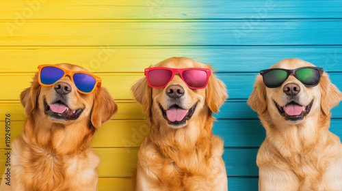 Three golden retrievers wearing colorful sunglasses against vibrant yellow and blue background, exuding cheerful and playful vibe photo