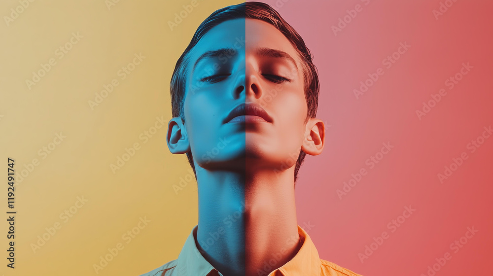 conceptual portrait of a young man with a split-color lighting effect, half blue and half pink background, vibrant and minimalistic aesthetic, symbolizing duality and balance conceptual portrait of a young man with a split-color lighting effect, half blue and half pink background, vibrant and minimalistic aesthetic, symbolizing duality and balance
