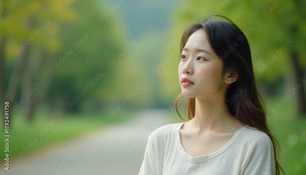 A young Asian woman is looking into the distance at a park outdoors with bokeh background
