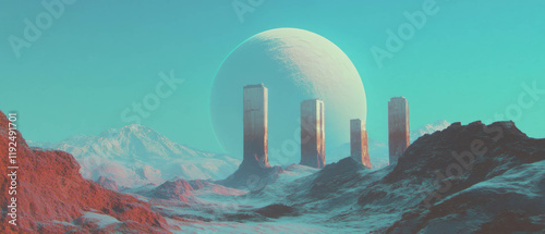 Futuristic terraformed landscapes with towering structures under a giant moon photo