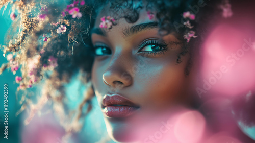 close-up portrait of a woman with natural beauty, soft floral accents in her curly hair, glowing skin, vivid bokeh in pastel pink and blue tones, romantic and dreamy atmosphere