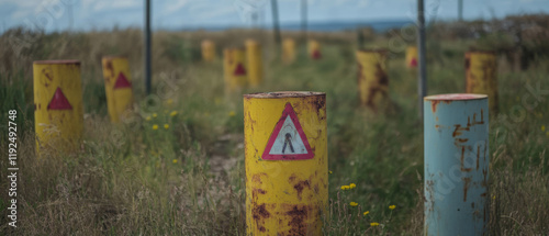 Warning signs indicate unexploded ordnance in hazardous area of abandoned site