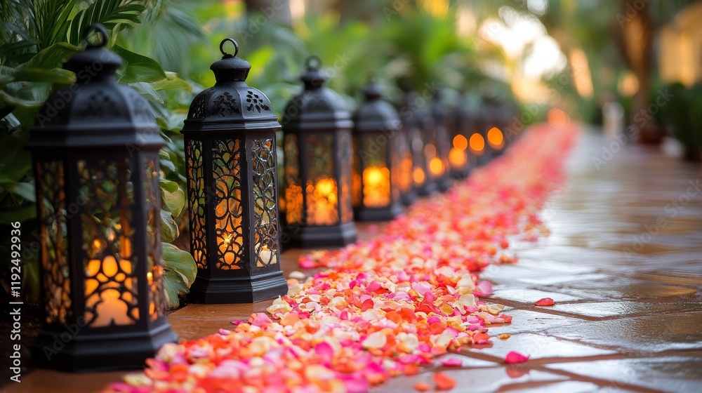 Beautiful garden path illuminated by lanterns and decorated with colorful petals in the evening light Beautiful garden path illuminated by lanterns and decorated with colorful petals in the evening light