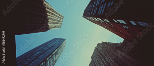 Urban canyons reveal the grandeur of towering buildings under a clear blue sky photo