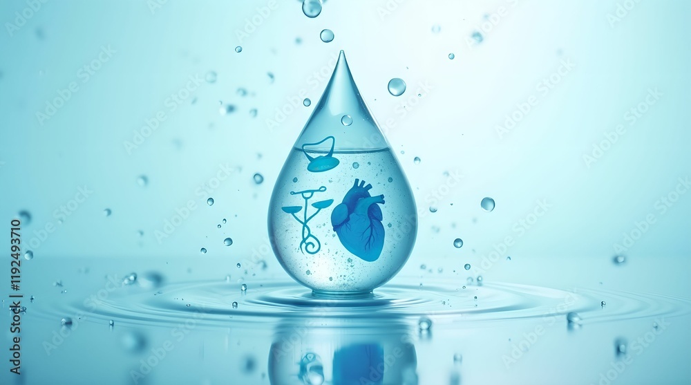 Drops of water filled with miniature health symbols Drops of water filled with miniature health symbols