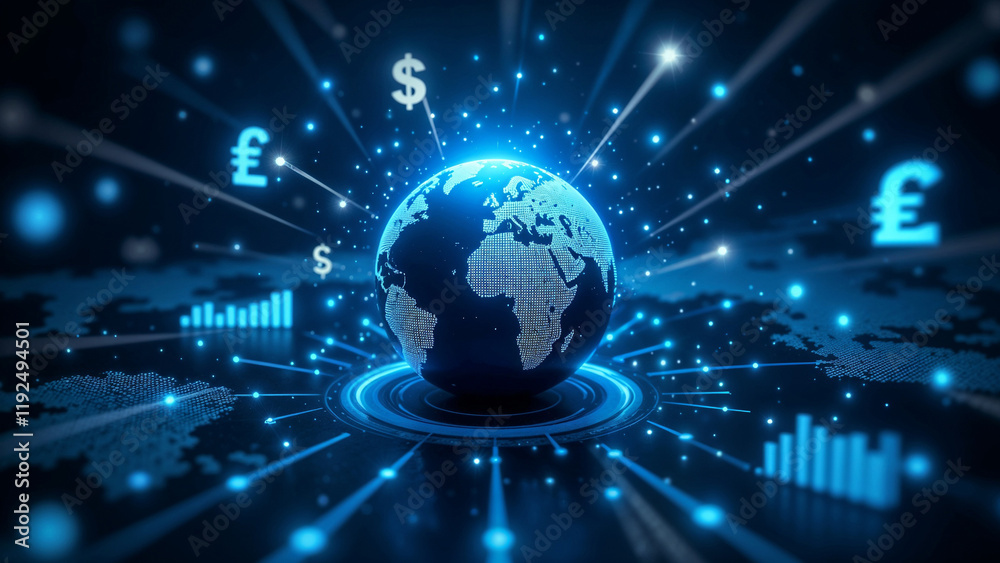 Glowing digital globe with currency symbols representing global finance and trade connectivity in a modern abstract desig Glowing digital globe with currency symbols representing global finance and trade connectivity in a modern abstract desig