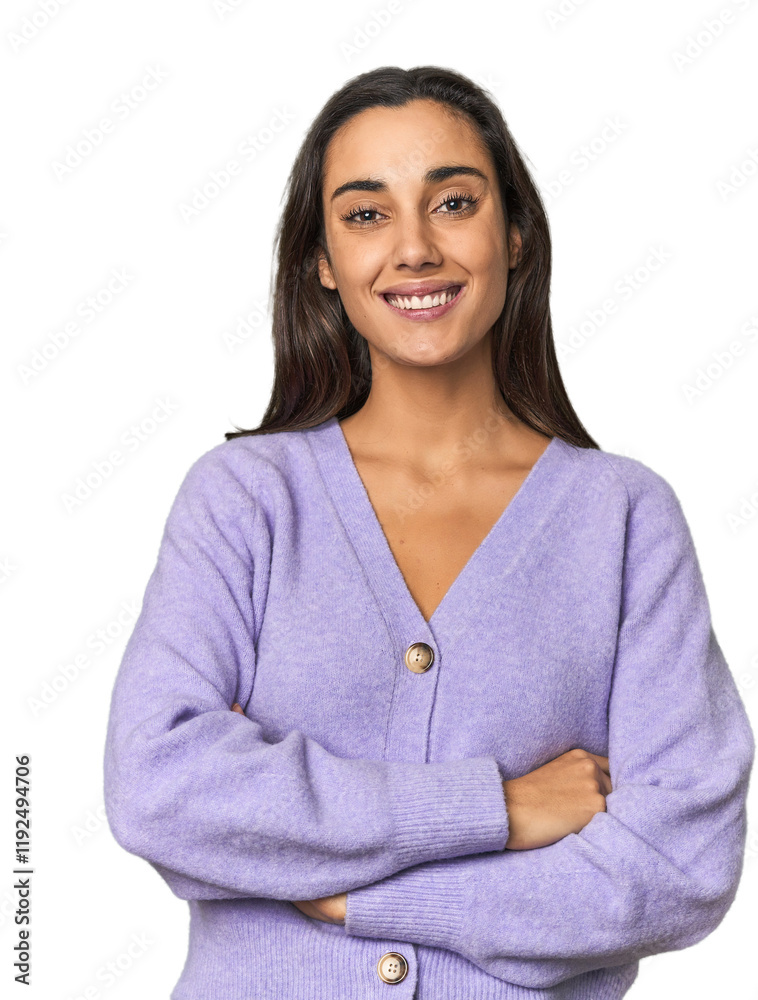 Hispanic young woman who feels confident, crossing arms with determination. Hispanic young woman who feels confident, crossing arms with determination.