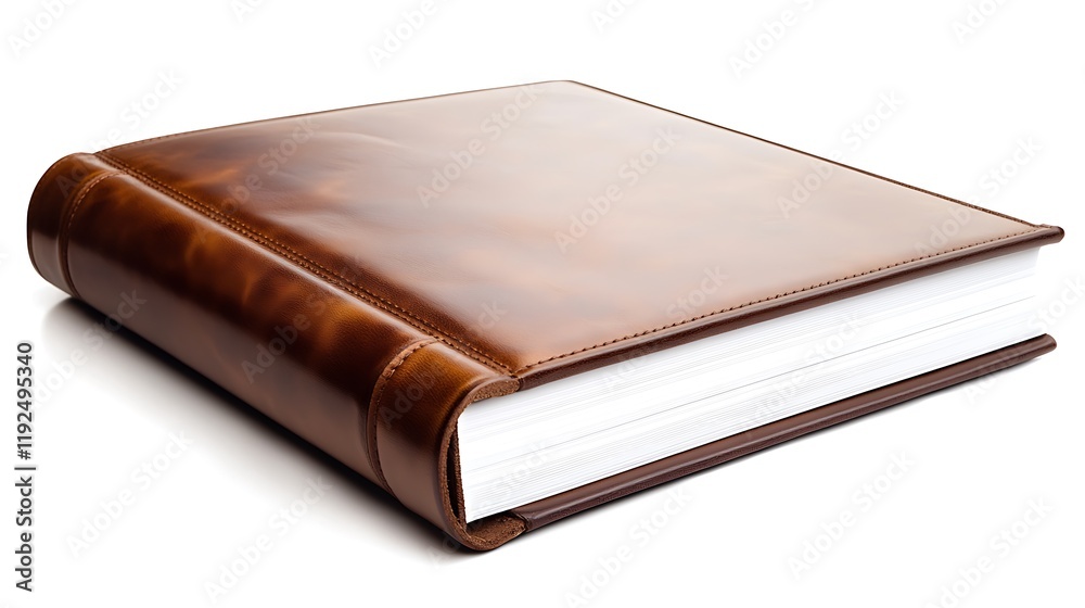 Modern brown leather travel album with a smooth, high-gloss finish and refined details, isolated against white. Modern brown leather travel album with a smooth, high-gloss finish and refined details, isolated against white.