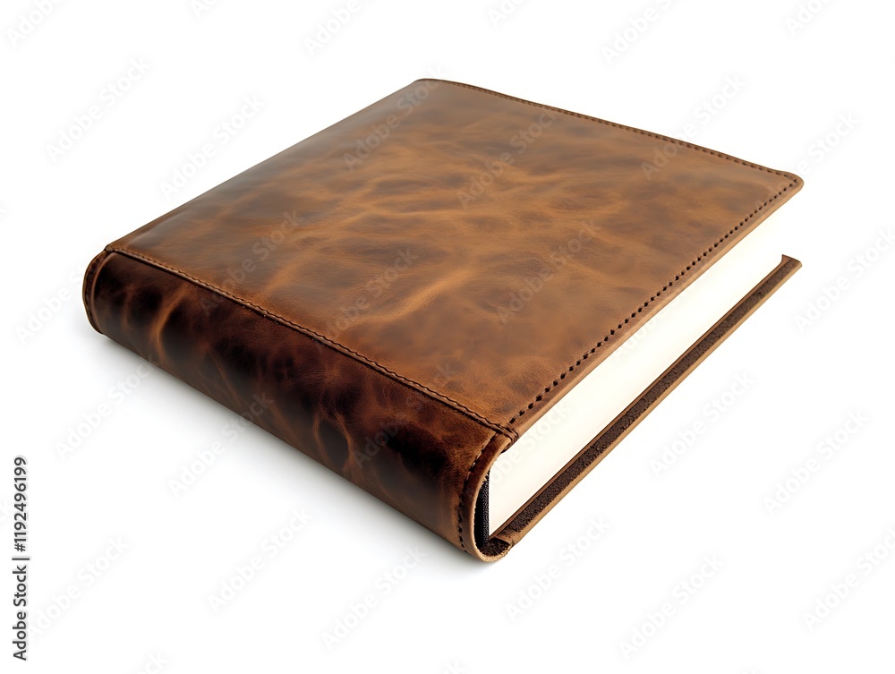 Modern brown leather travel album with a refined texture and elegant design, isolated against a bright white background. Modern brown leather travel album with a refined texture and elegant design, isolated against a bright white background.
