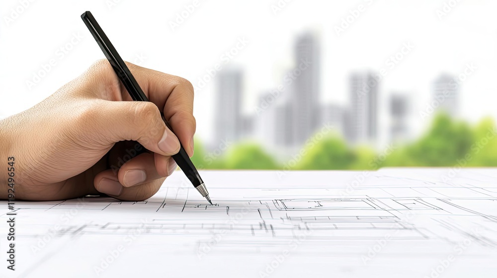 Architect blueprint idea. A hand drawing architectural plans with a city skyline in the background. Architect blueprint idea. A hand drawing architectural plans with a city skyline in the background.