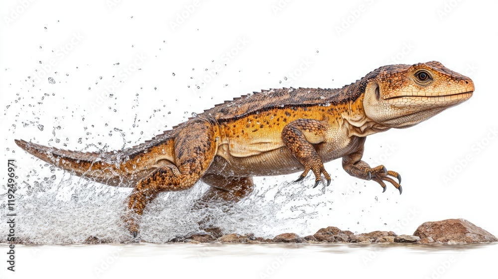 Naklejka premium Lizard Running Through Water on Rocky Surface - Dynamic Wildlife Photography