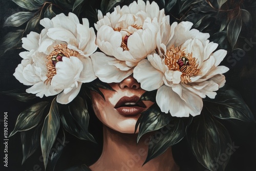 Fototapeta Naklejka Na Ścianę i Meble -  Woman with peonies and lush greenery obscuring her face, embodying beauty, nature, and mystery in a surreal artistic portrait. Floral aesthetics and symbolism.
