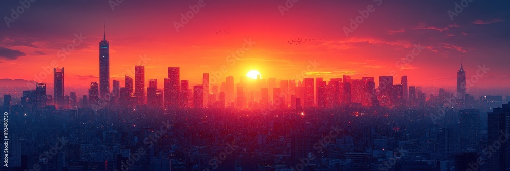 Fototapeta premium Minimalist city skyline at dusk, sleek lines, soft color gradients, tranquil atmosphere, modern aesthetic, urban simplicity, evening serenity