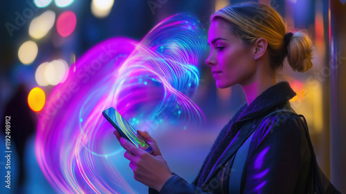 Young Woman Engaged with Smartphone Amidst Digital Energy Patterns in Vibrant Urban Night Scene