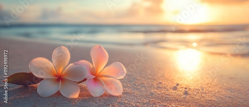spa theme photo. frangipani flowers on the beach with sky of golden hour backgound
